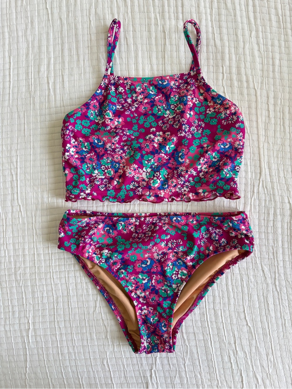 Crewcuts Girls Size 10 Floral Two Piece Swimsuit Pink Ruffle Tankini Swim Set